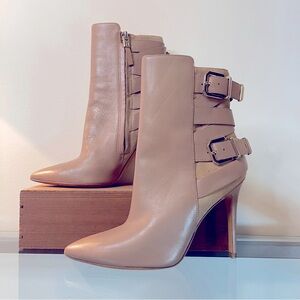 Marciano beige 3/4 booties, size 37 1/2, leather soles and uppers, gold buckles